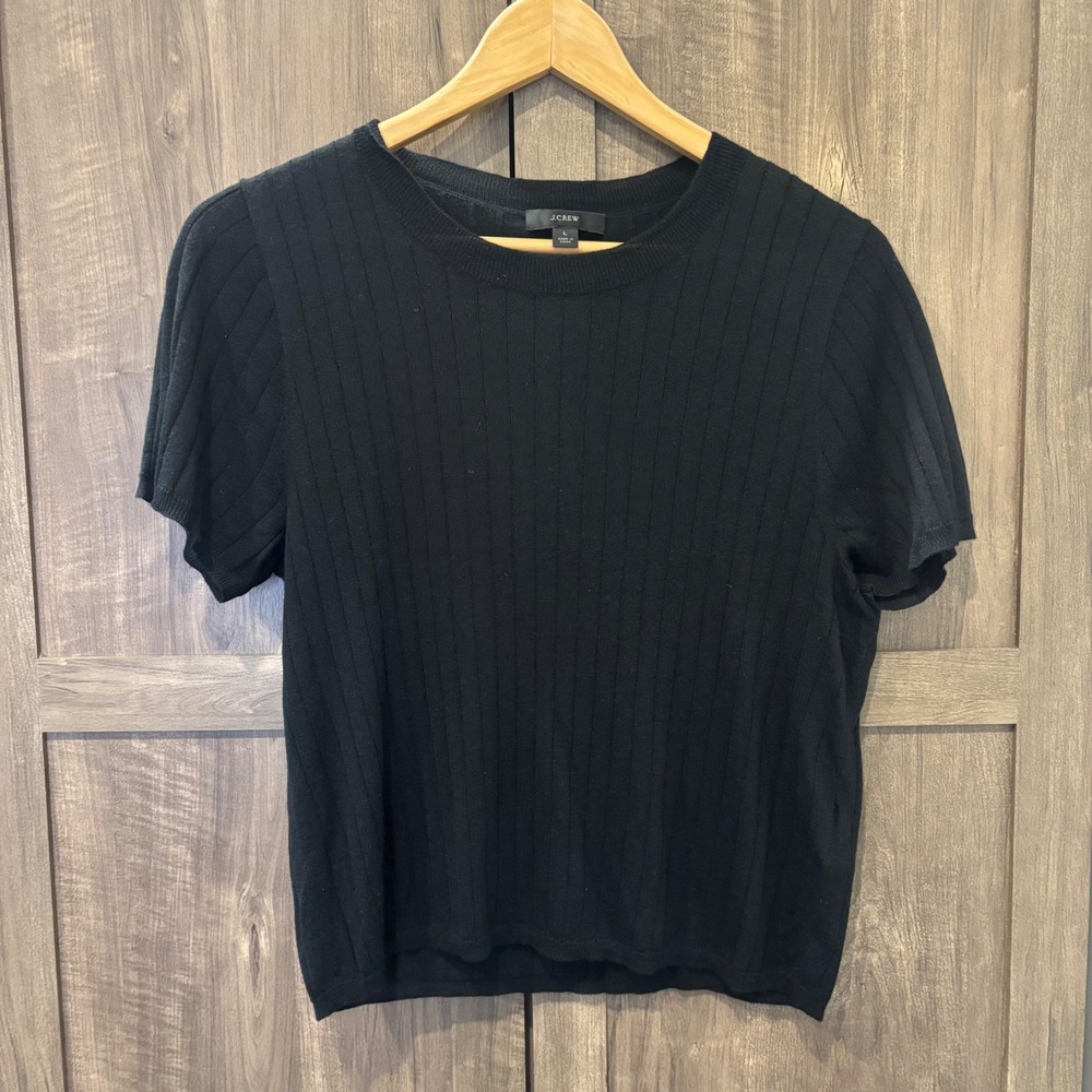 J.Crew Silk Cashmere Ribbed Thin Knit Short Sleeve Sweater Top Black Large